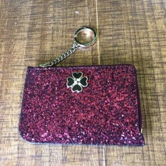 kate spade Handbags - Kate Spade Odette Glitter L-Zip Card Holder Black Cherry Pink Keychain Wallet NW